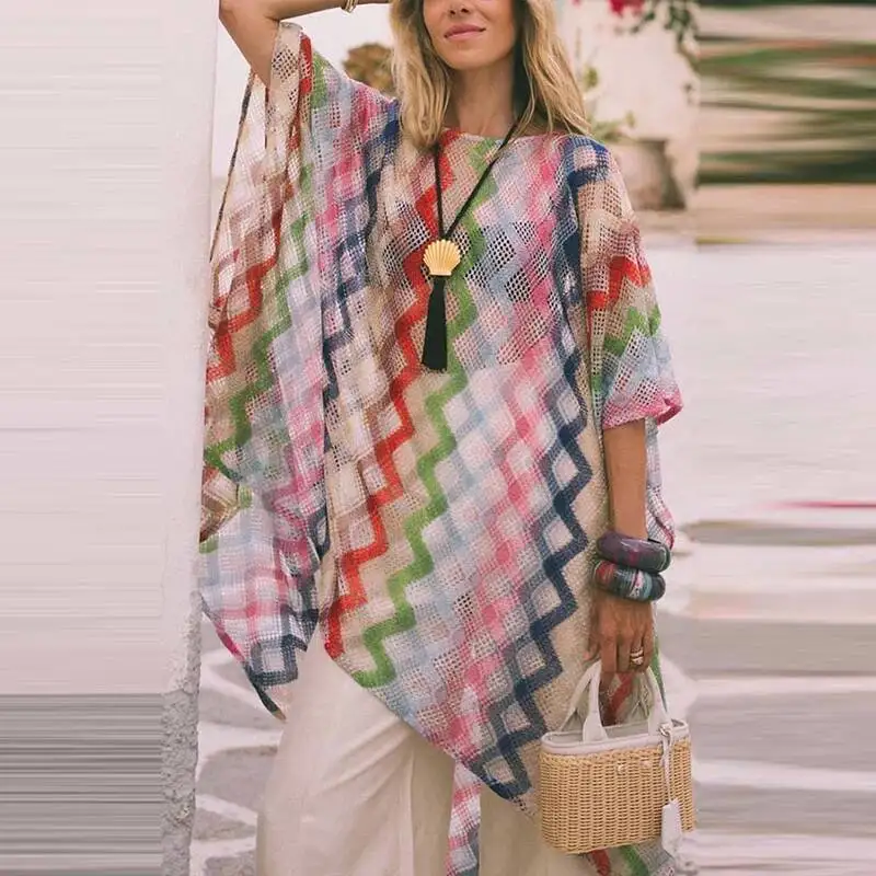 

Casual Bat Sleeve Mesh Silk Beach Elegant Split Irregular Pullover Party Women Fashion O Neck Printed Cover Up Dress