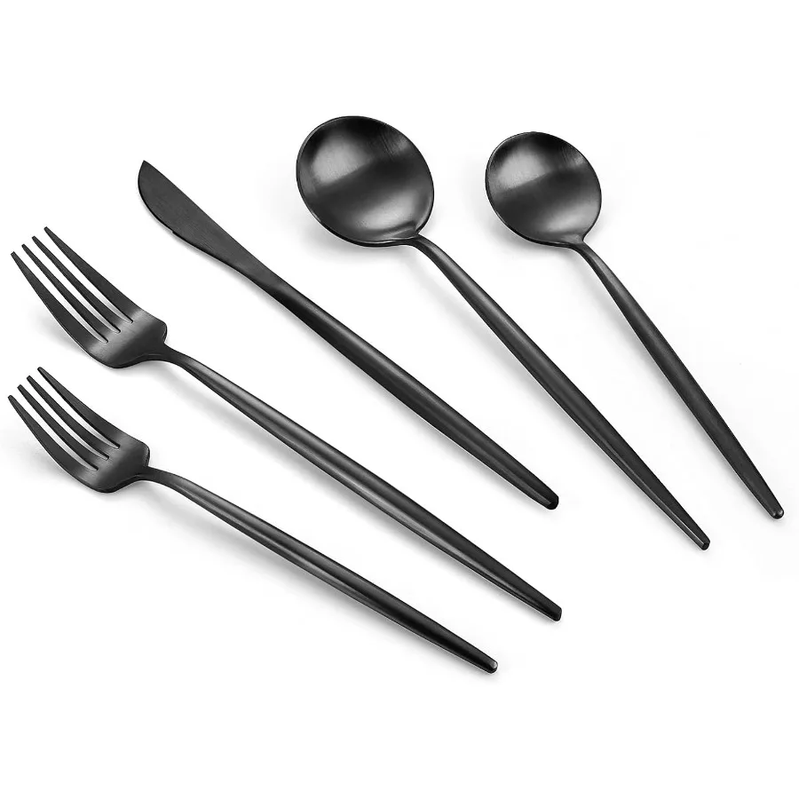 

Матовый черный набор столовых приборов, 40 предметов, набор столовых приборов из нержавеющей стали, набор столовых приборов, сервиз для 8 наборов посуды с атласной отделкой K