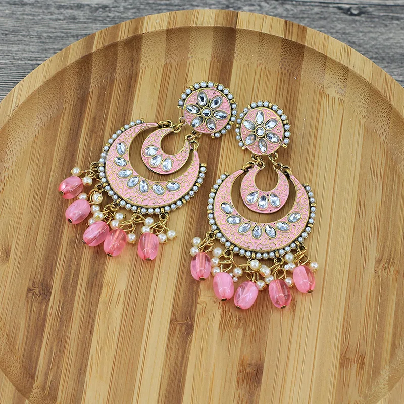 Women's Ethnic Pink Blue Indian Jewelry Earrings Crescent Moon Shape Rhinestones Bollywood Earrings Jhumka