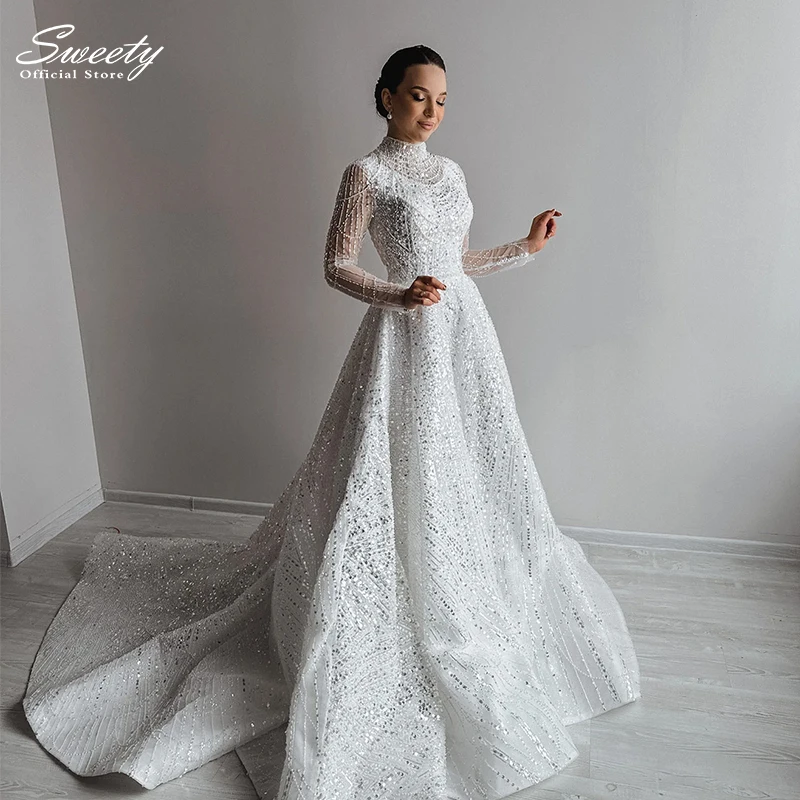 Luxurious Wedding Dresses Fully Beaded A-Line Ball Gown High-Neck Long Sleeve Customized Bride Dress Vestido De Novia Plus Size