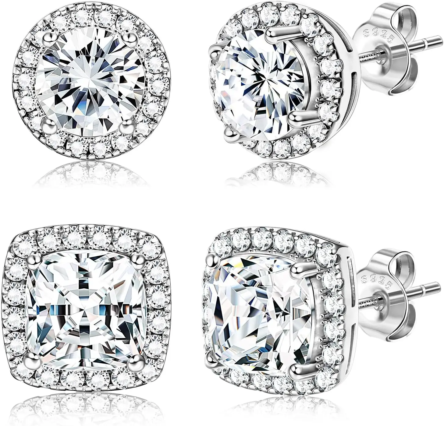 2 pares de aretes de halo chapados en oro de 18 quilates, aretes de circonita cúbica, aretes redondos y cuadrados con diamantes, juego de aretes para mujeres y hombres