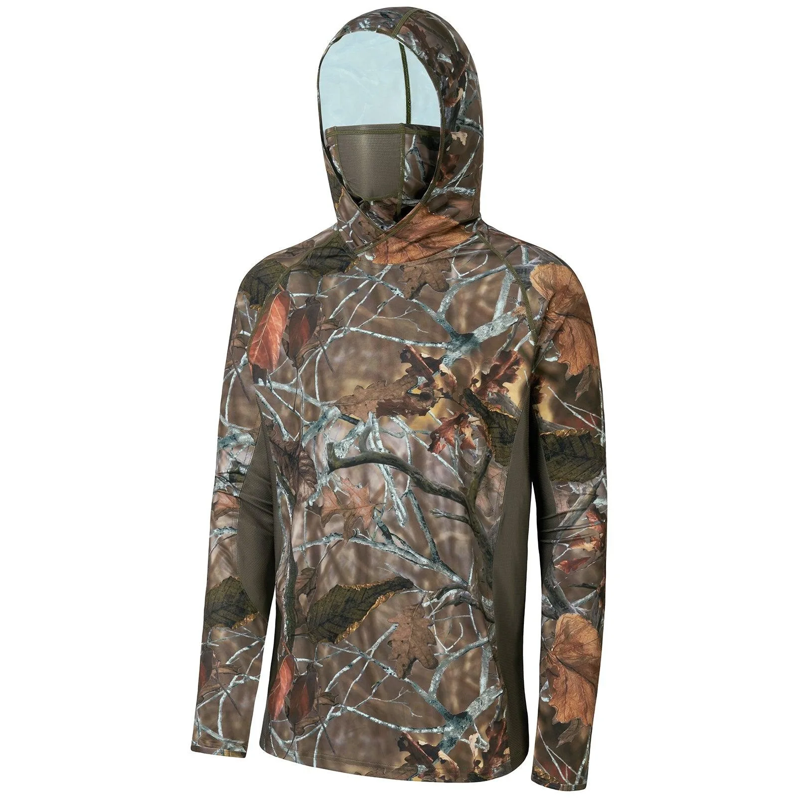 Outdoor Men 3D Leaf Camo Print Hooded Shirt Built‑in Face Mask Sun Protection Hunting Fishing Long Sleeve Tops