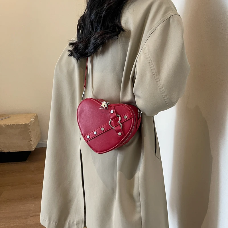 Female Heart Shape Shoulder Handbag Riveted Locomotive Style Small Crossbody Bag Women Luxury Red Leather Shopping Tote Purse