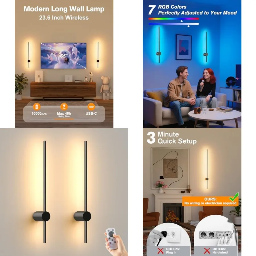 

Battery Operated Wall Sconces Set of 2, 10000mAh Rechargeable Wireless Sconces with Remote Control, Dimmable Wall Lamps with 7
