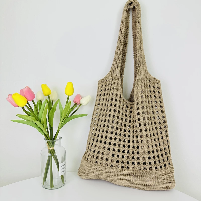 Vintage Hohl Design Gewebt Frauen Schulter Tasche Stricken Große Kapazität Handtaschen Sommer Reise Shopper Tote Für Damen Strand Taschen – Detail 3