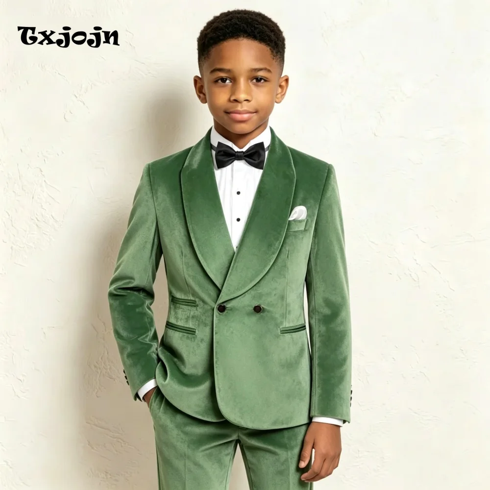 Formal Boys Suit Fashion Wedding Tuxedos 2-piece Set Velvet Shawl Collar Jacket Double Button Blazer Pants for Party
