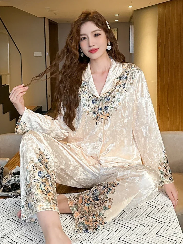 2024 Spring Autumn New Pajamas Women\'s Korean-Style Lapel Golden Velvet Top With Pants For Outer Wear Home Clothes