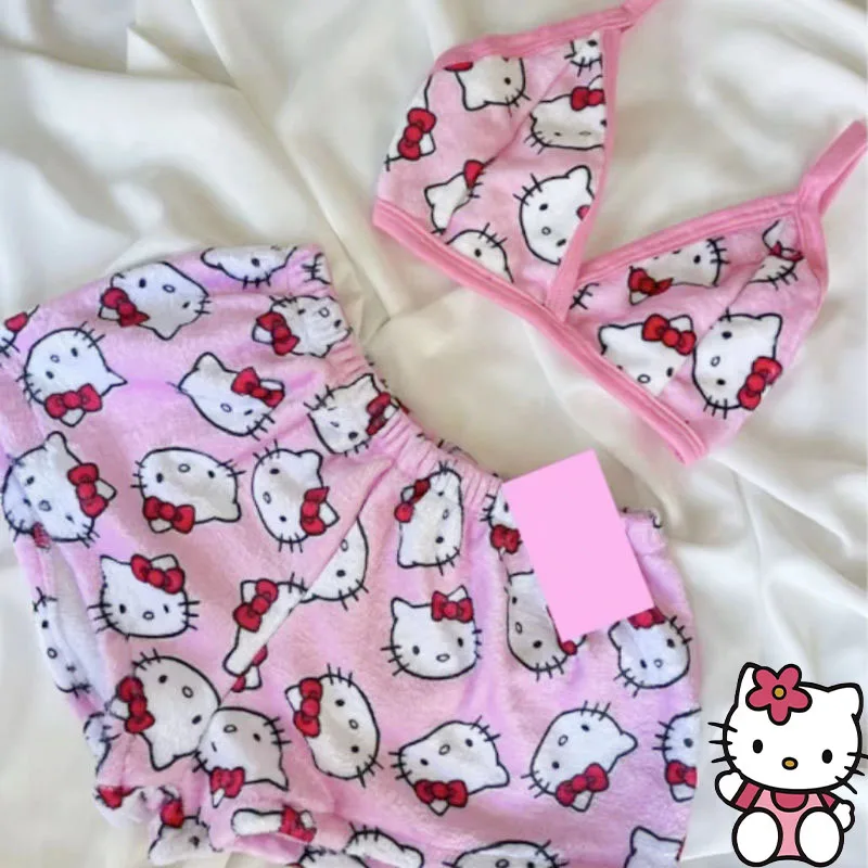 

Женские пижамы Hello Kitty, женский сексуальный жилет с леопардовым принтом, шорты, повседневная домашняя одежда, комплект из двух предметов, одежда для сна для девочек, топы на бретелях