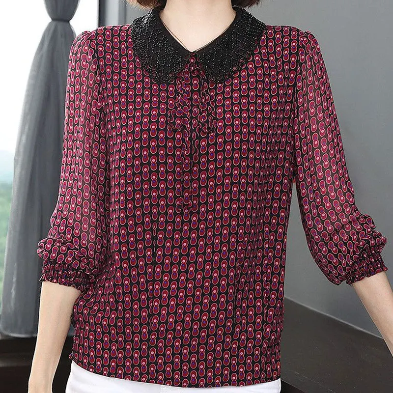 Female Clothing Vintage Printed Shirt Stylish Beading Peter Pan Collar Spring Autumn Bandage Casual Long Sleeve Shirring Blouse