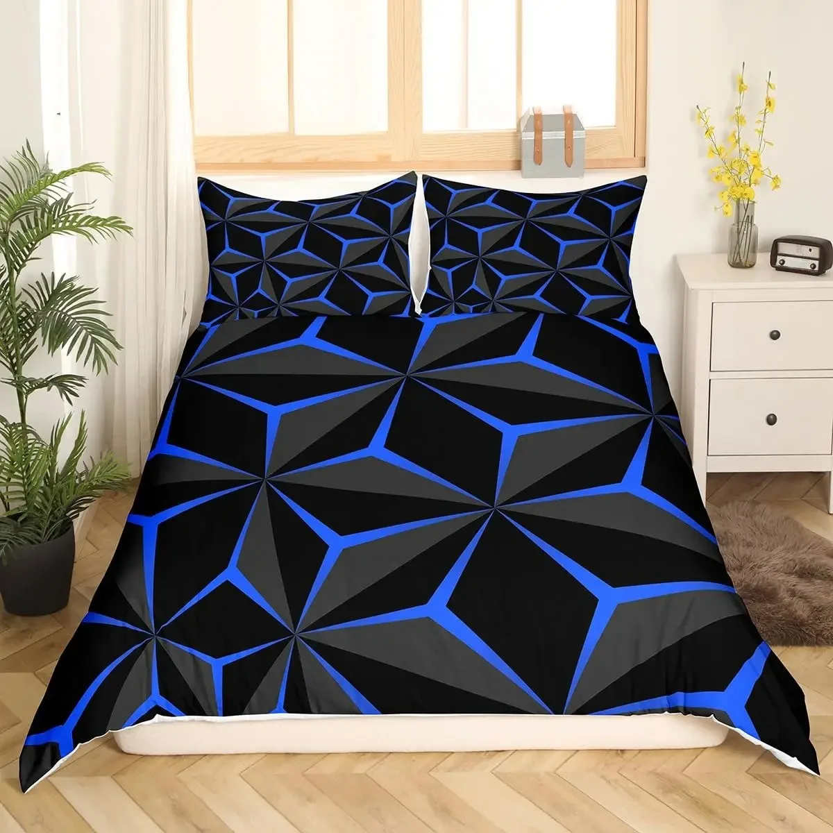 

Neon Honeycomb Duvet Cover King Queen Geometric Stereoscopic Theme Teens Boys Bedding Set,Geometry Blue Print Comforter Cover