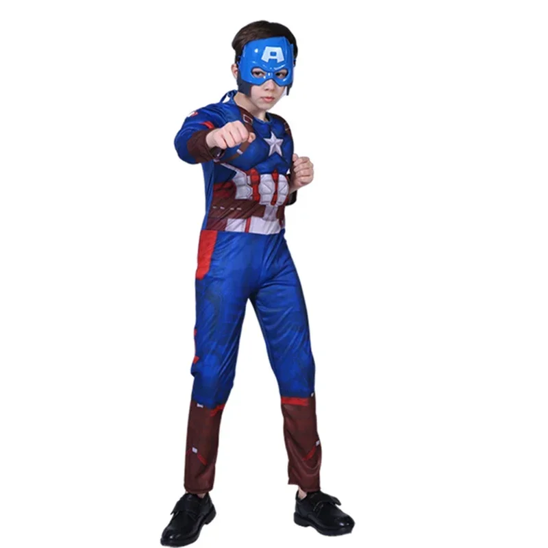 Captain America Costume Kids Superhero Captain America Muscle Cosplay Jumpsuit Shield Halloween Carnival Party Costume for Child