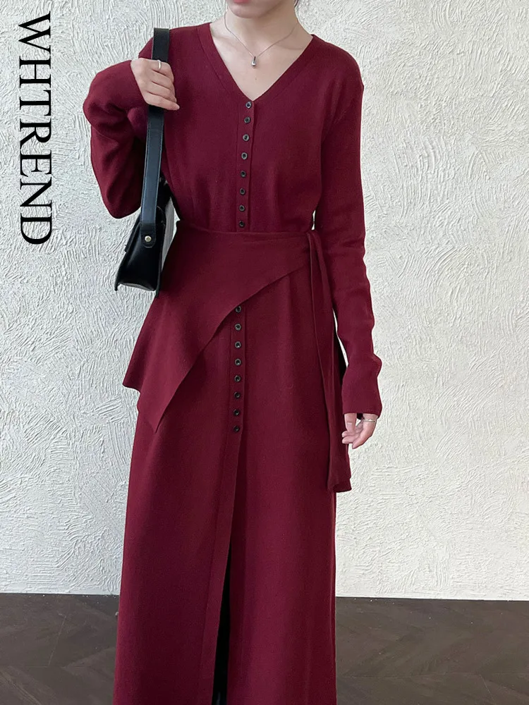 

WHTREND Элегантный однотонный вязаный кардиган с v-образным вырезом и длинными пуговицами для женщин, новое осеннее простое длинное пальто WH1691