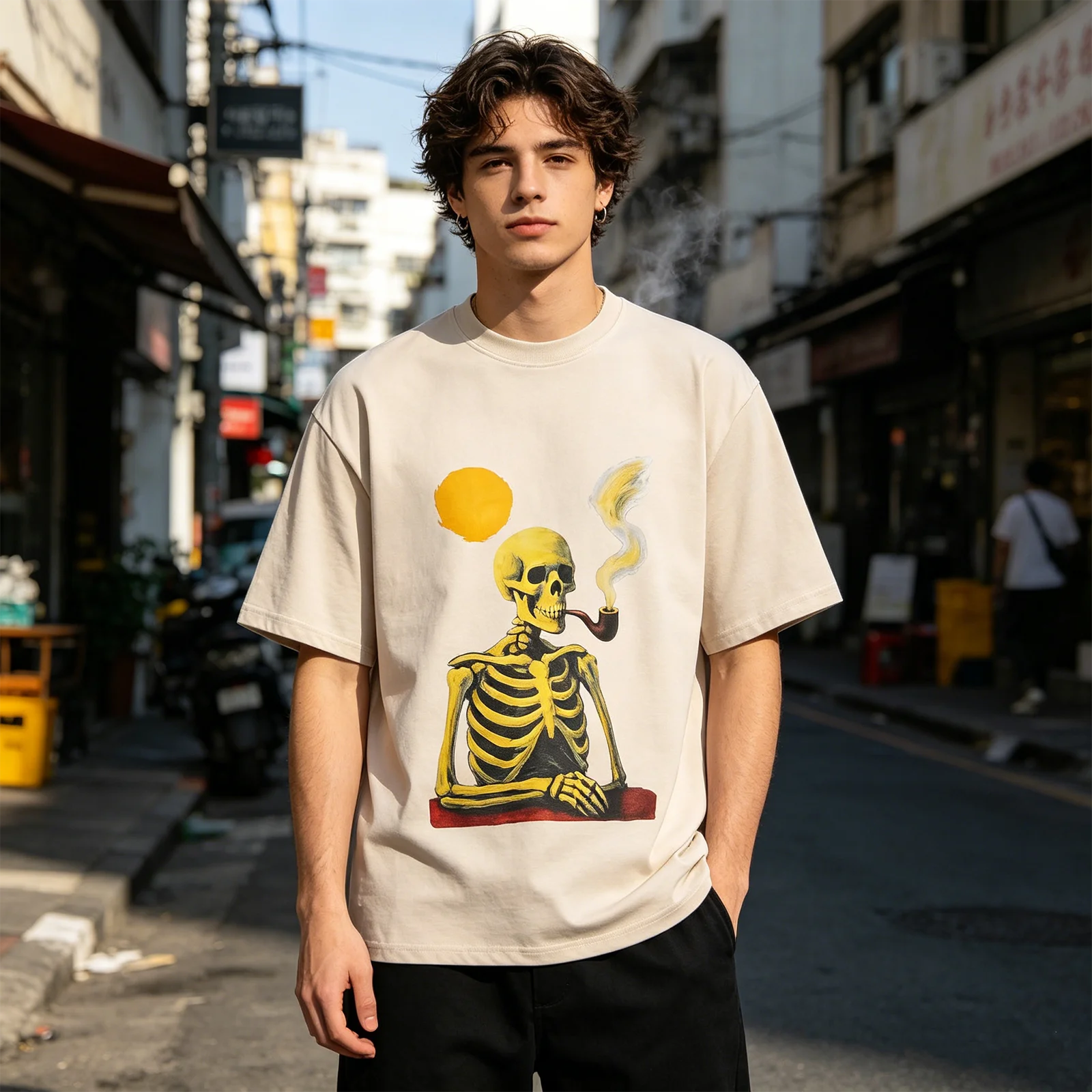 Men's Funny Skeleton Oil Painting Print T-Shirt Retro Aesthetic Oversized Tshirts Casual Streetwear Cotton Skull Graphic Art Tee