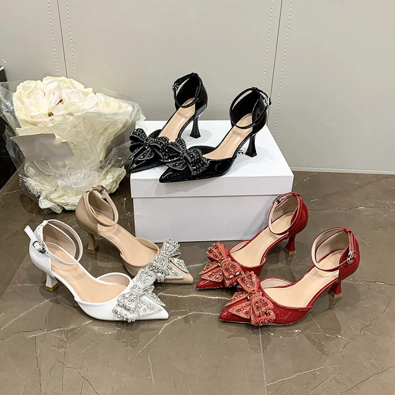 

New Spring Summer Women's High-heeled Shoes: Pointed Toe, Single Strap, Open-sided, Fashionable Bowknot Sandals.