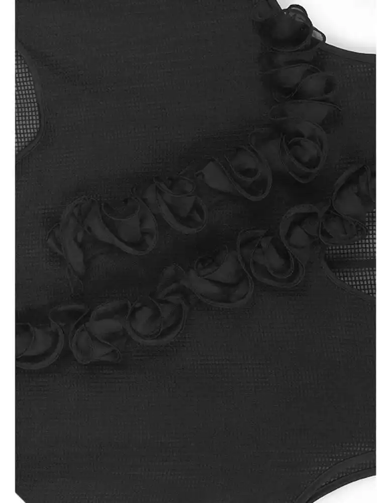 ZMEENNA Débardeur en maille noire pour femme avec détail à volants col en V sans manches transparent décontracté mode d'été gilet tendance ZM3243