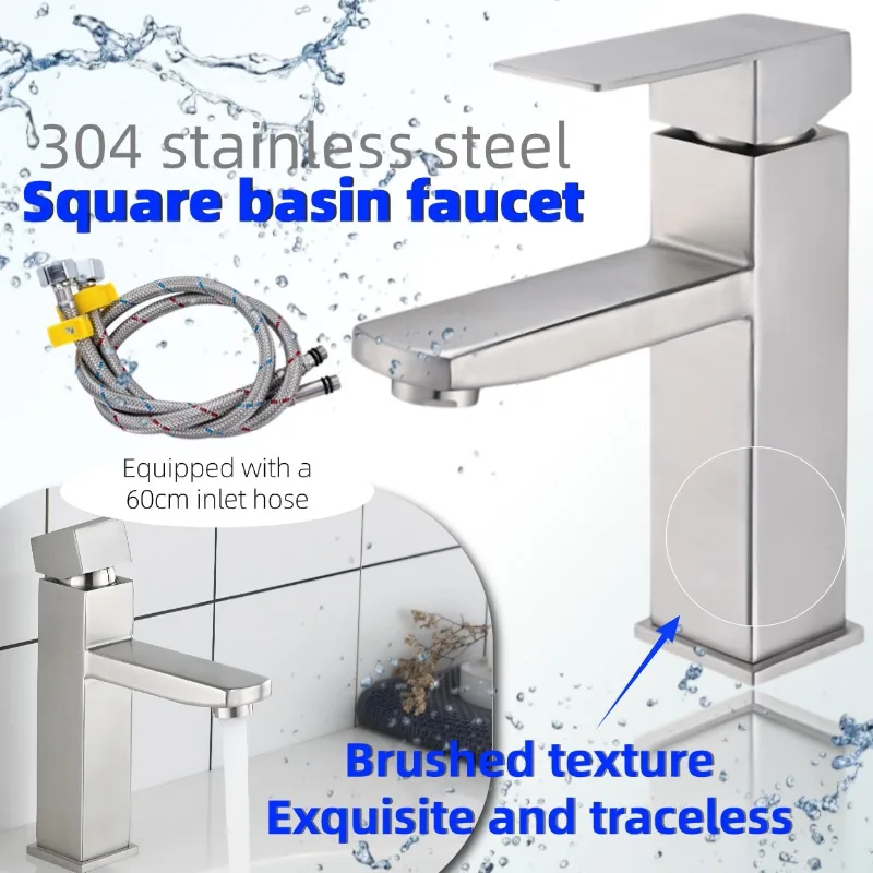 

304 Stainless Steel Bathroom Faucet, Single Hole Basin Mixer Tap with Hot and Cold Water, for Washbasin Sink Counte