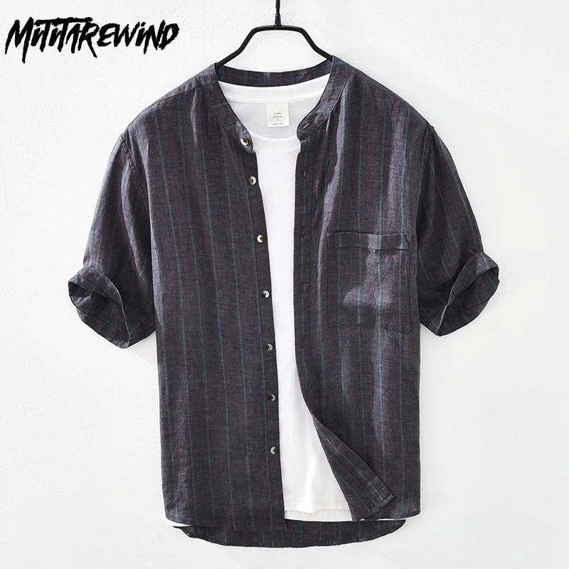 

Japanese Vintage Shirt Men Summer Pure Linen Shirts Male Beach Breathable Tops Stand Collar Short Sleeve Striped Shirts Causal