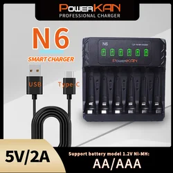 POWERKAN N6 Battery Charger for 1.2V Ni-MH AA AAA No.5 No.7 Batteries Charge 1~6 Batteries at The Same Time Type C 2A