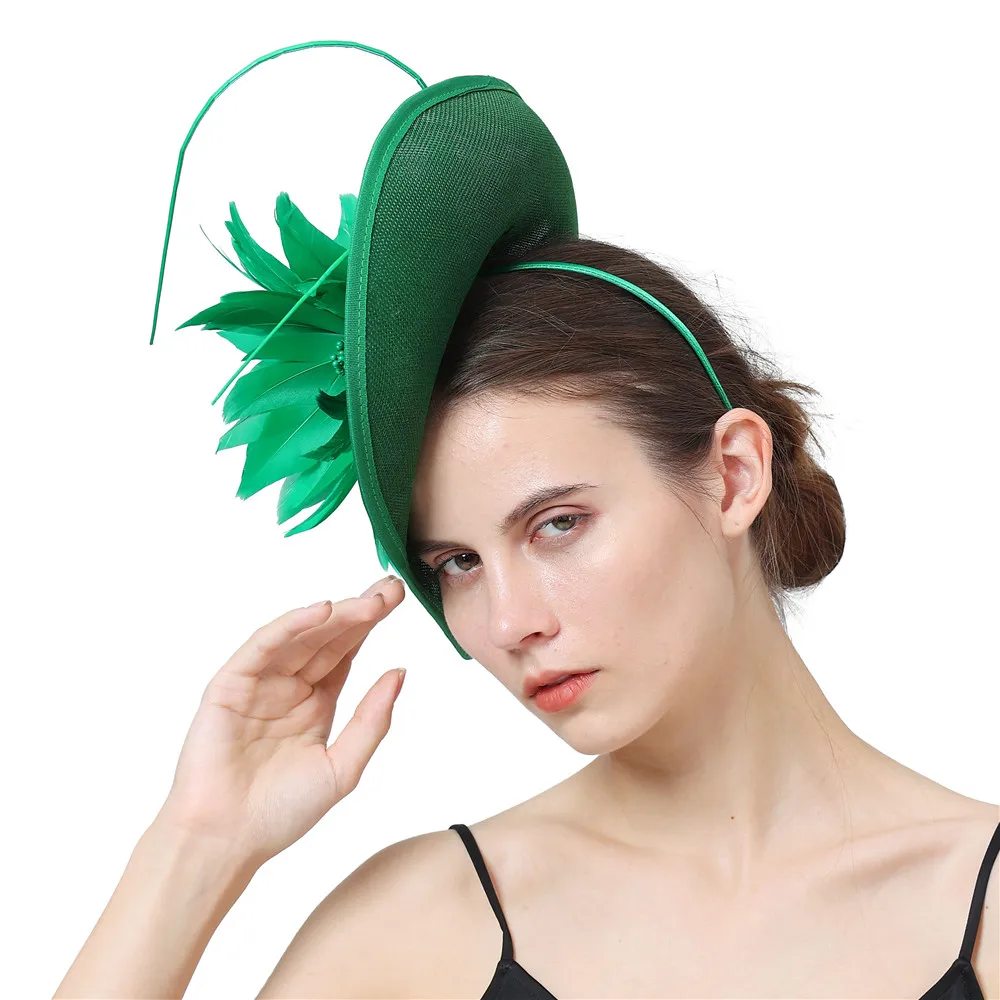 Green Formal Fascinators Hat Feather Flower Cocktail Fedoras Derby Accessories Headbands Lady Chuch Headpiece Headwear