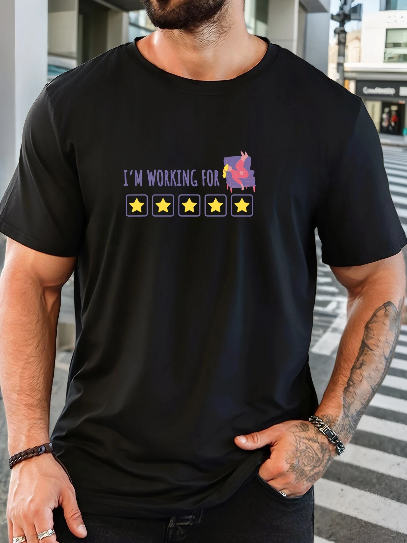 

Men's I'm WORKING FOR pattern summer casual crew neck short T-shirt