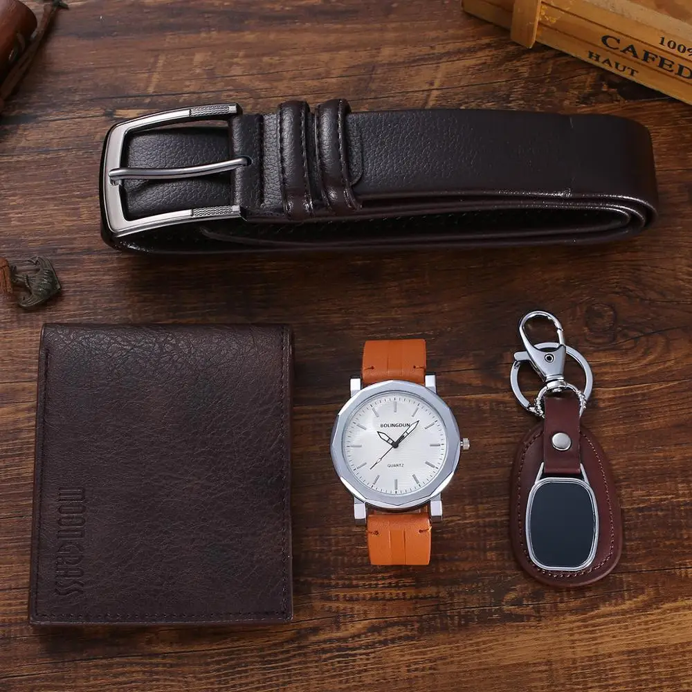 Fashion Creative Boutique Gift Set Beautifully Packaged Watch Leather Belt Wallet Keychain 4pcs/set Gifts for Men Drop Shipping