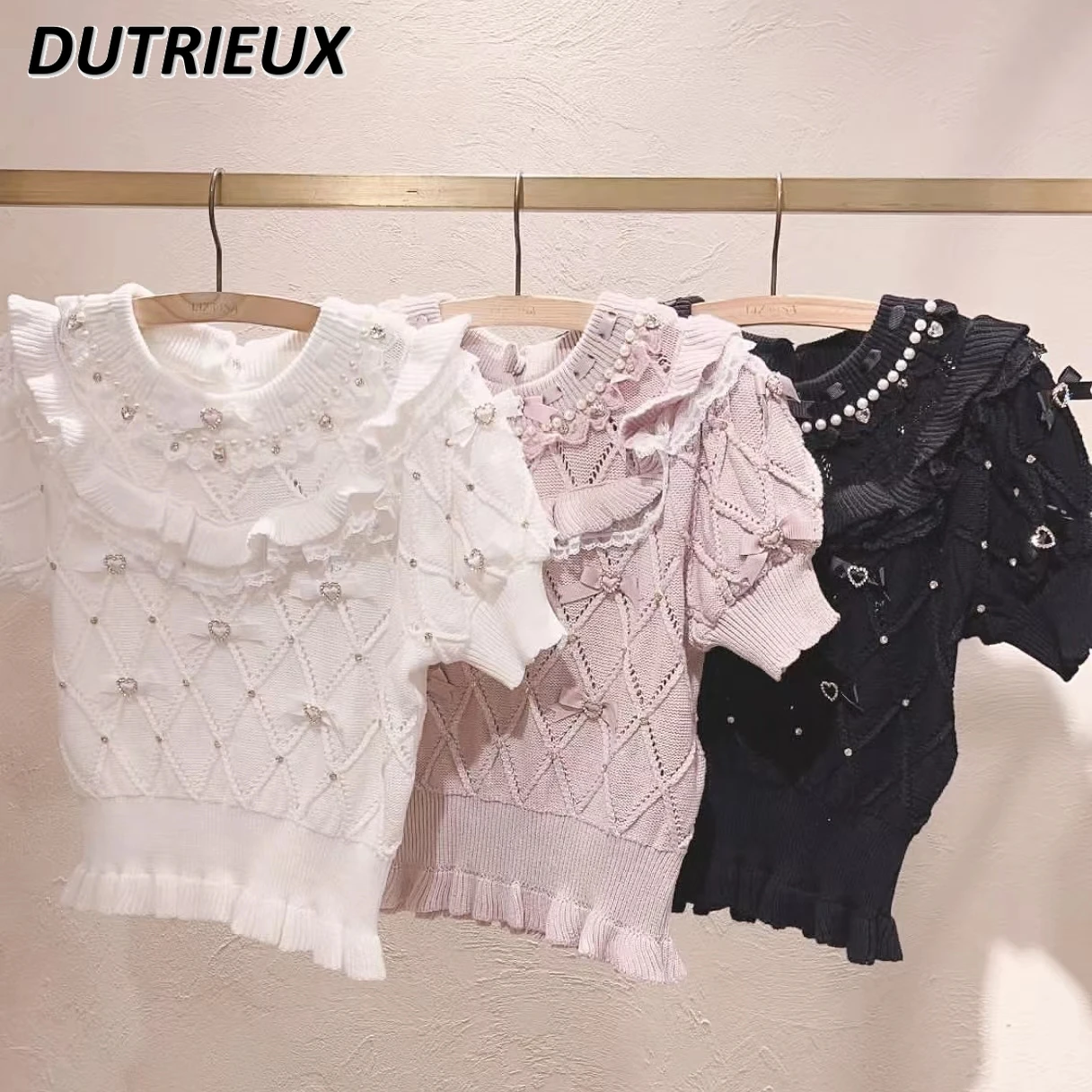 Japanese Summer New Sweet Girl Cute Knitted T-shirt Mine Mass-Produced Bow Puff Short Sleeve Hollow Sweater Top for Women