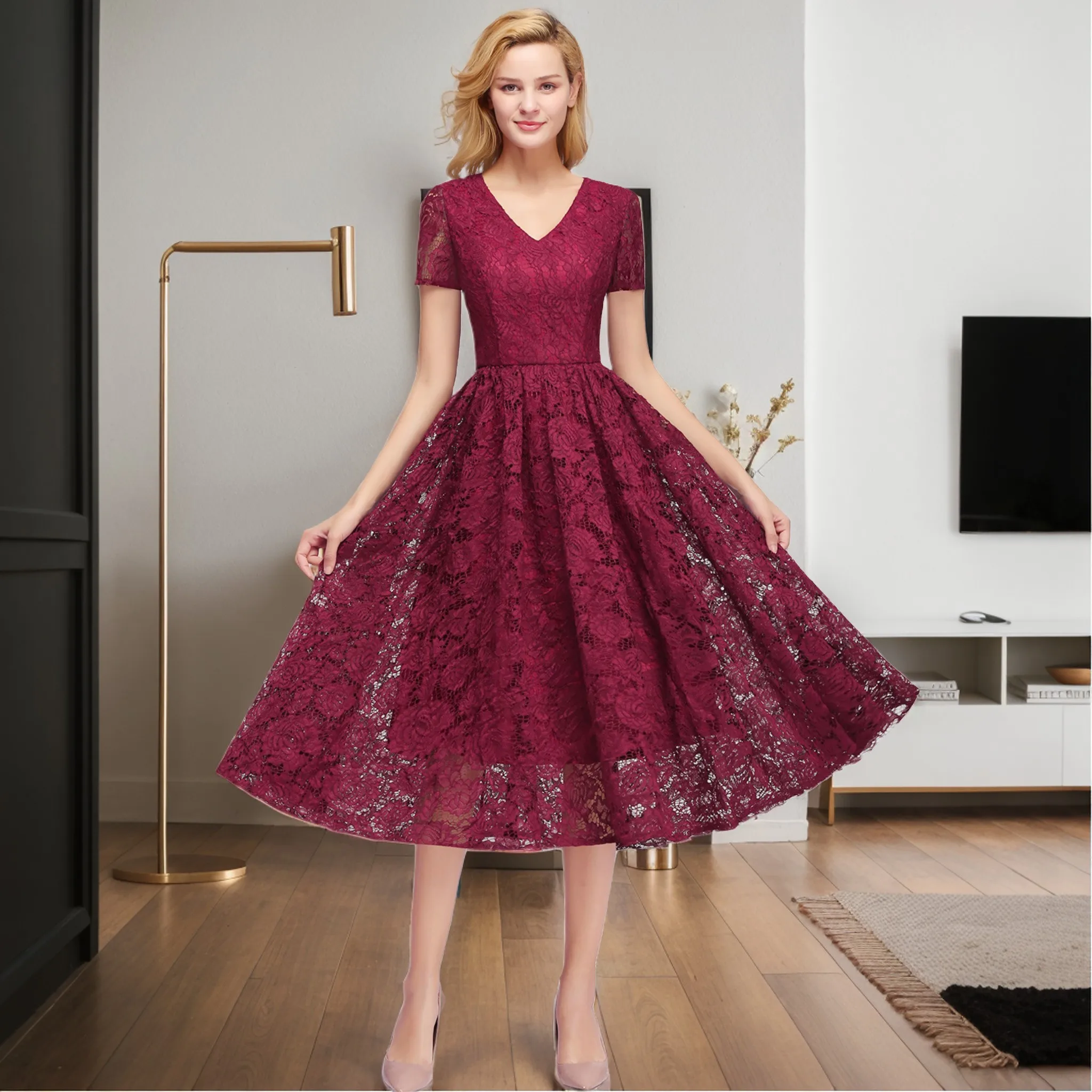 

STEPHANIE Lace V Neck Evening Dresses With Bow Sashes Burgundy A Line Short Sleeves Tea Length Prom Party Gowns Robe De Soiree