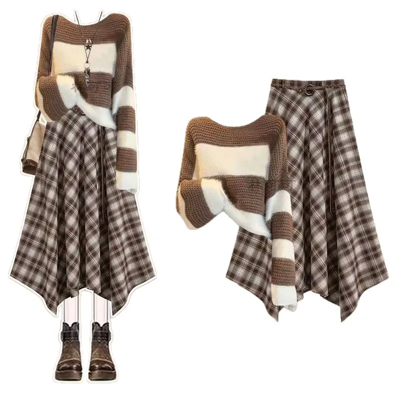 الخريف والشتاء الكورية نمط عارضة مخطط محبوك سترة أعلى + تنورة منقوشة أنيقة المرأة قطعتين مجموعة