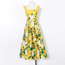 JAMERARY Runway Designer Holiday Floral Print Summer Dresses Women Sleeveless Straps Sundress Yellow Pleated Beach Vestidos Long