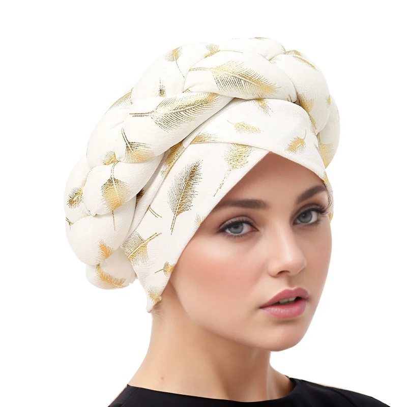 Muslim Hijab Inner Scarf Women Crinkle Undercap Hot Stamping Feather Print Thick Rope Strap Cap New Style Stacking Hat