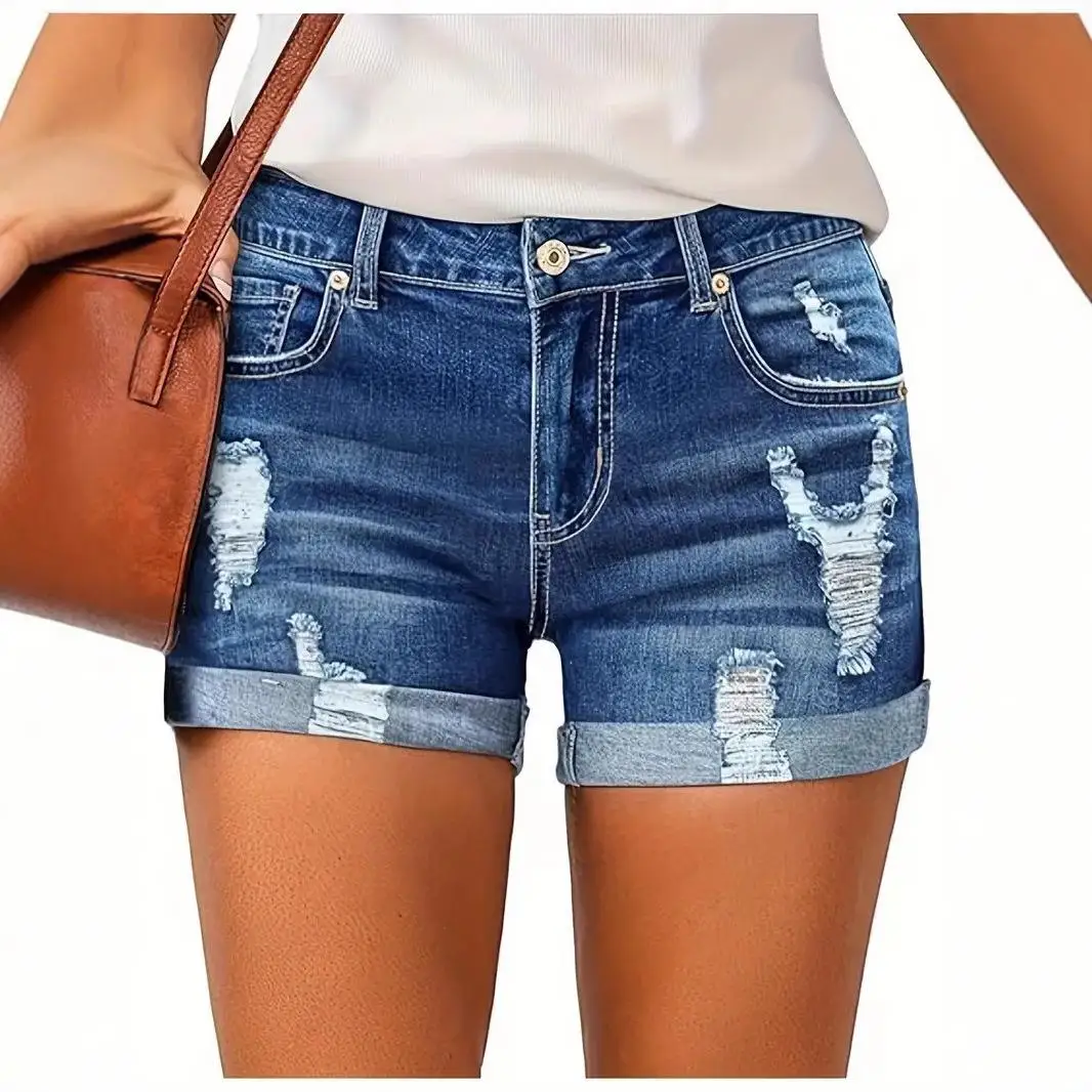 

High Waisted Stretch Hole Denim orts for Women Blue Color mid Stretch Elastici European Sle Other Proc No Brand