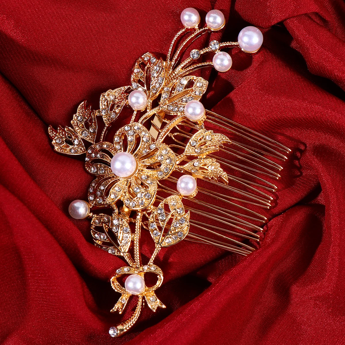 

Bridal Rhinestone Pearl Hair Comb Elegant Golden Headpiece Wedding Hair Accessories Delicate Pearl Flower Design
