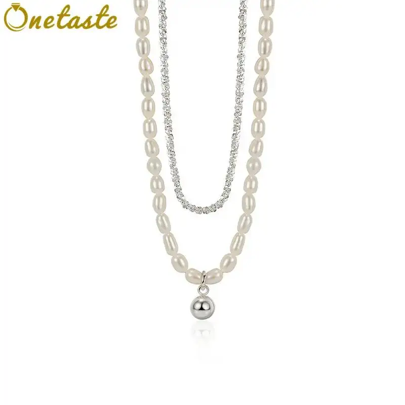 925 Sterling Silver Double-layer Sparkling Chain Natural Freshwater Pearl Choker Necklace For Women Summer New Trend Party Gift