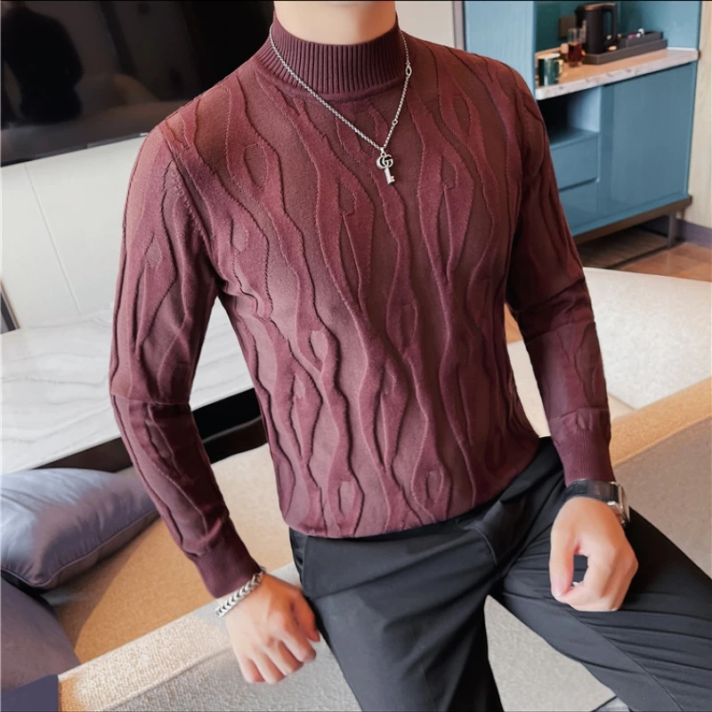 2023 Autumn Winter Jacquard Men Sweater Long Sleeve Slim Fit Half Turtleneck Sweater Fashion Casual Business Knitwear Pullovers