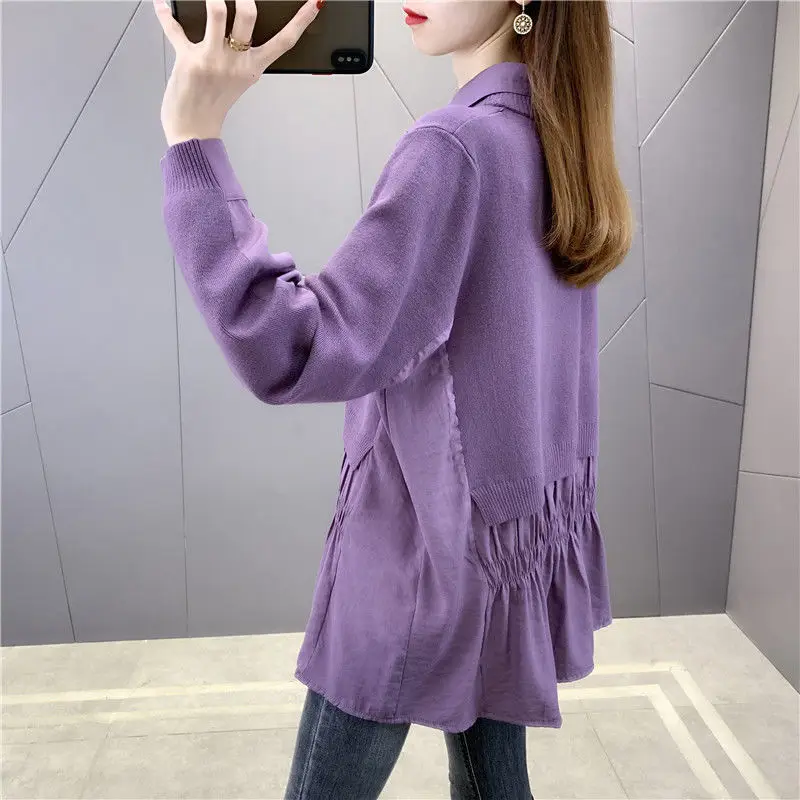 Casual Korean Fake Two Pieces Solid Color Sweaters Autumn Winter Women\'s Clothing Loose Fashion Polo-Neck Knitted Patchwork Tops