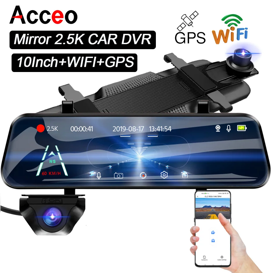 Acceo A37 Car DVR 10.0 Inch Touch IPS Screen Rearview Mirror Dashcam Wide Angle HD Rearview Mirror Camera Video Recorder