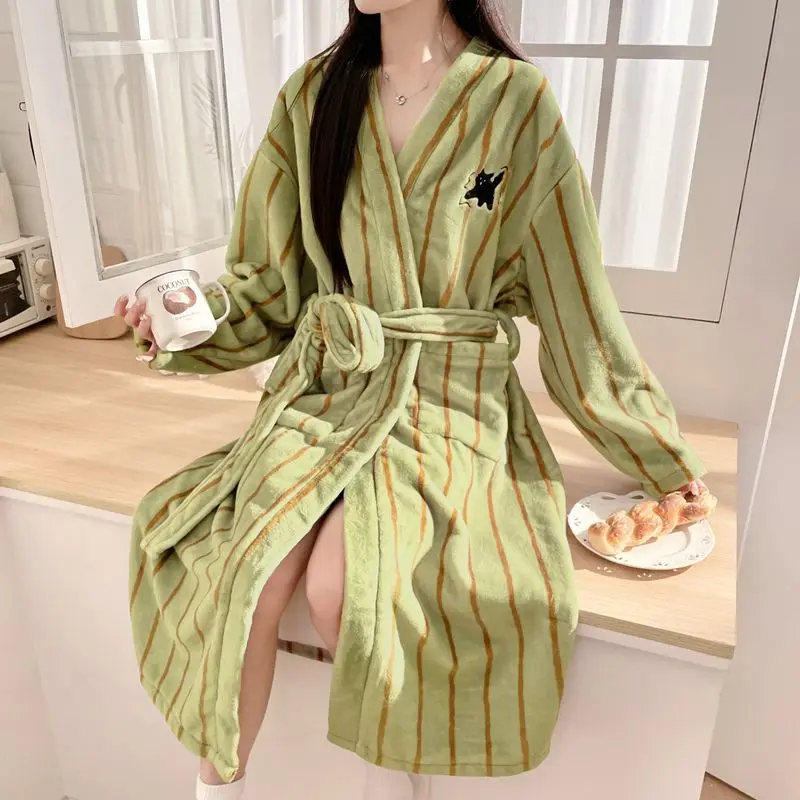 

cute Women's pajamas little black cat autumn winter thicken Comfortable Sleepwear keep warm flannel robe Pajama yukata cartoon