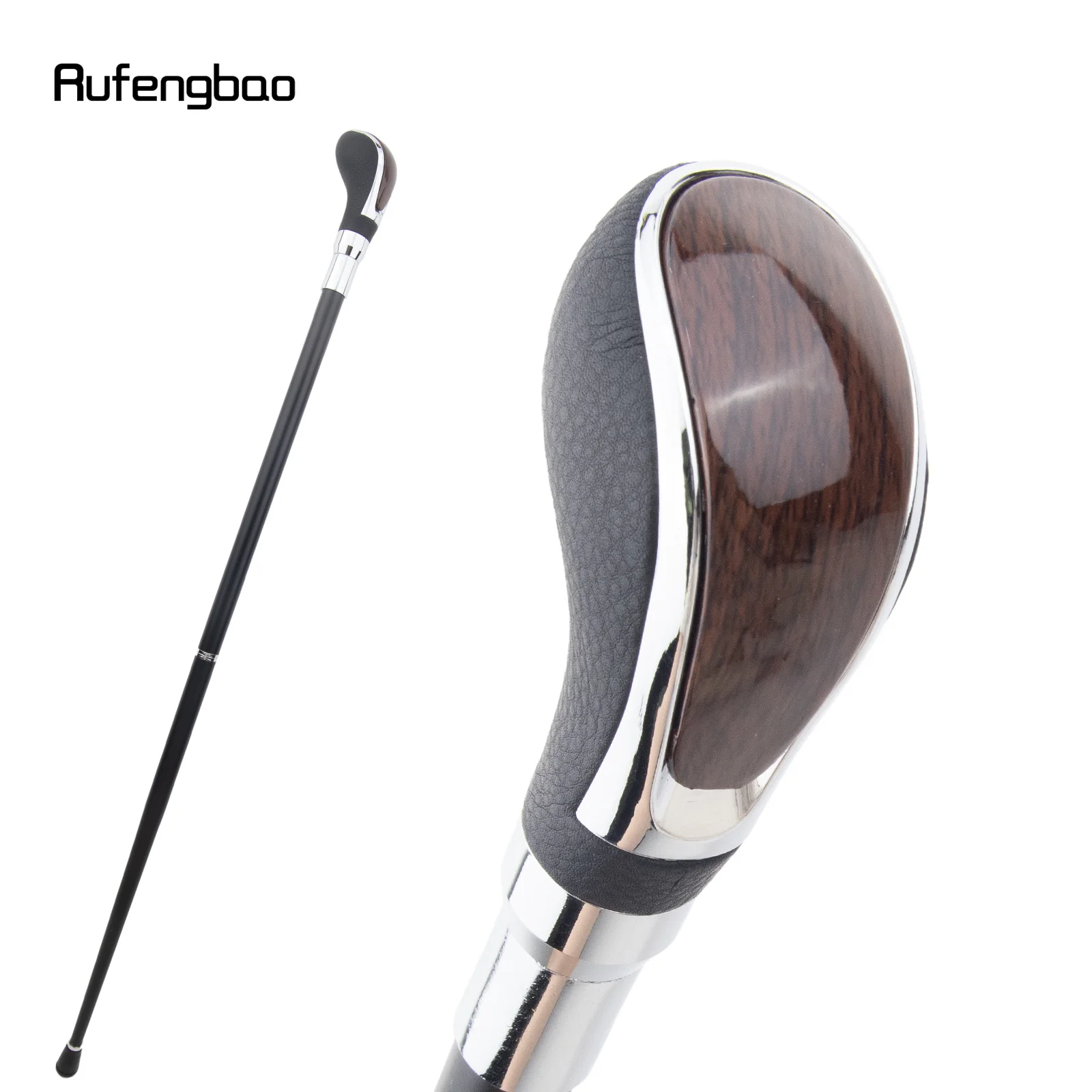 Black Leather Brown Wooden Silvery Cane Fashion Stick Gentleman Elegant Cosplay Cane Crosier Performance Stage Cane 93cm