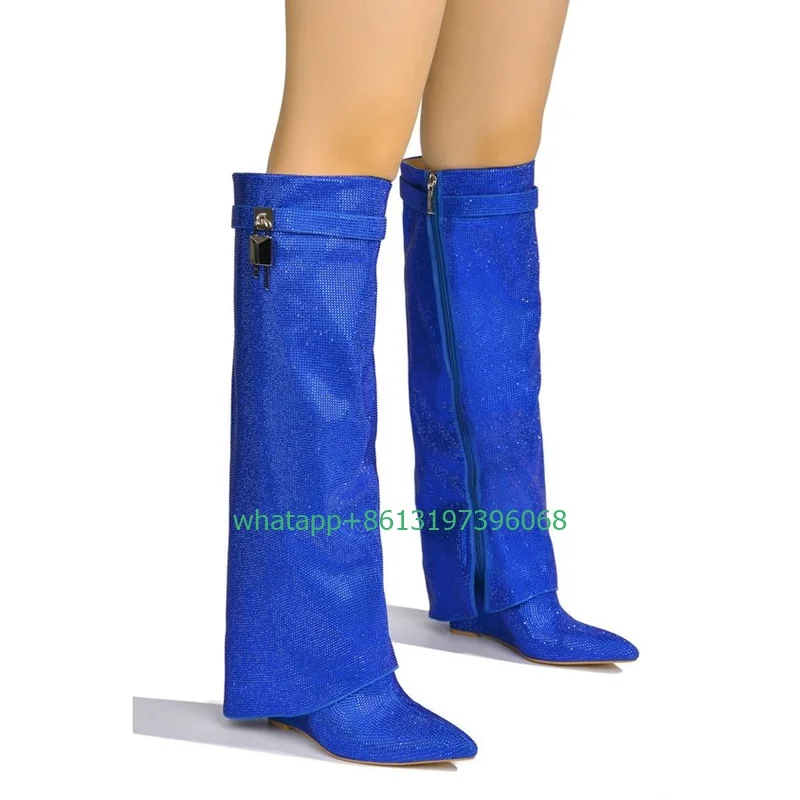 Lady bling blue rhinestone design turn-over boots knee sliver lock metal design boots demand bling sexy boots side zip 35-46