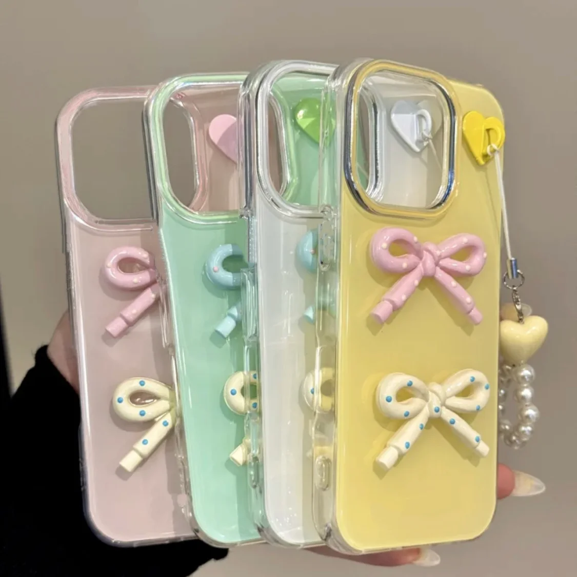 

Чехол для телефона для iPhone 16, 15, 14, 13, 12, 11 X XS XR Pro Max Plus, корейский INS, милый допамин, яркий цвет, в горошек, 3D, с бантом, защитный чехол