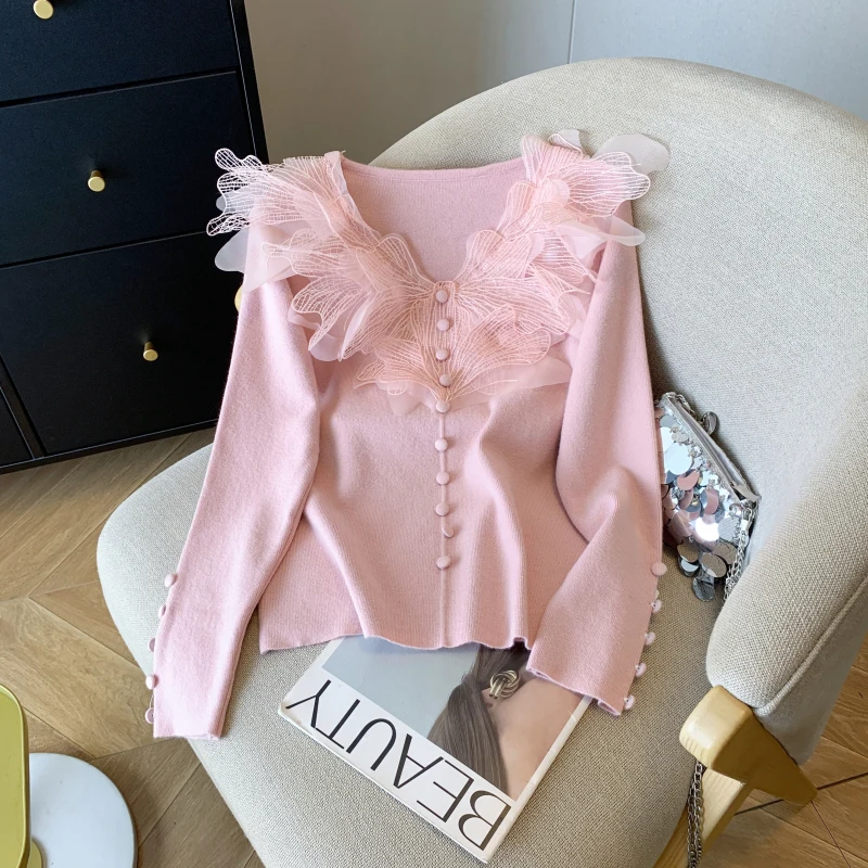 Elegant French Lace V Neck Knit Cardigan Women Autumn Winter Slim Fit Long Sleeve Sweater Top with Pearl Buttons and Mesh Detail