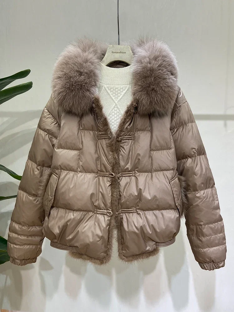 

New Women's Clothing Plate Buckle Bread Coat Winter Clothing Coats Lapel Fox Fur Big Fur Collar Stitching Mink Short Down Jacket