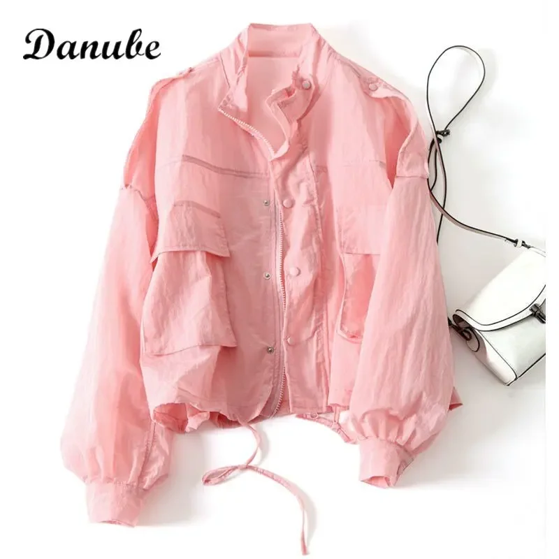 Summer Casual Sun Protection Clothing Women Korean Style Pocket Loose Windbreaker Zip Up Coat Outdoor Light Sunscreen Jacket Top