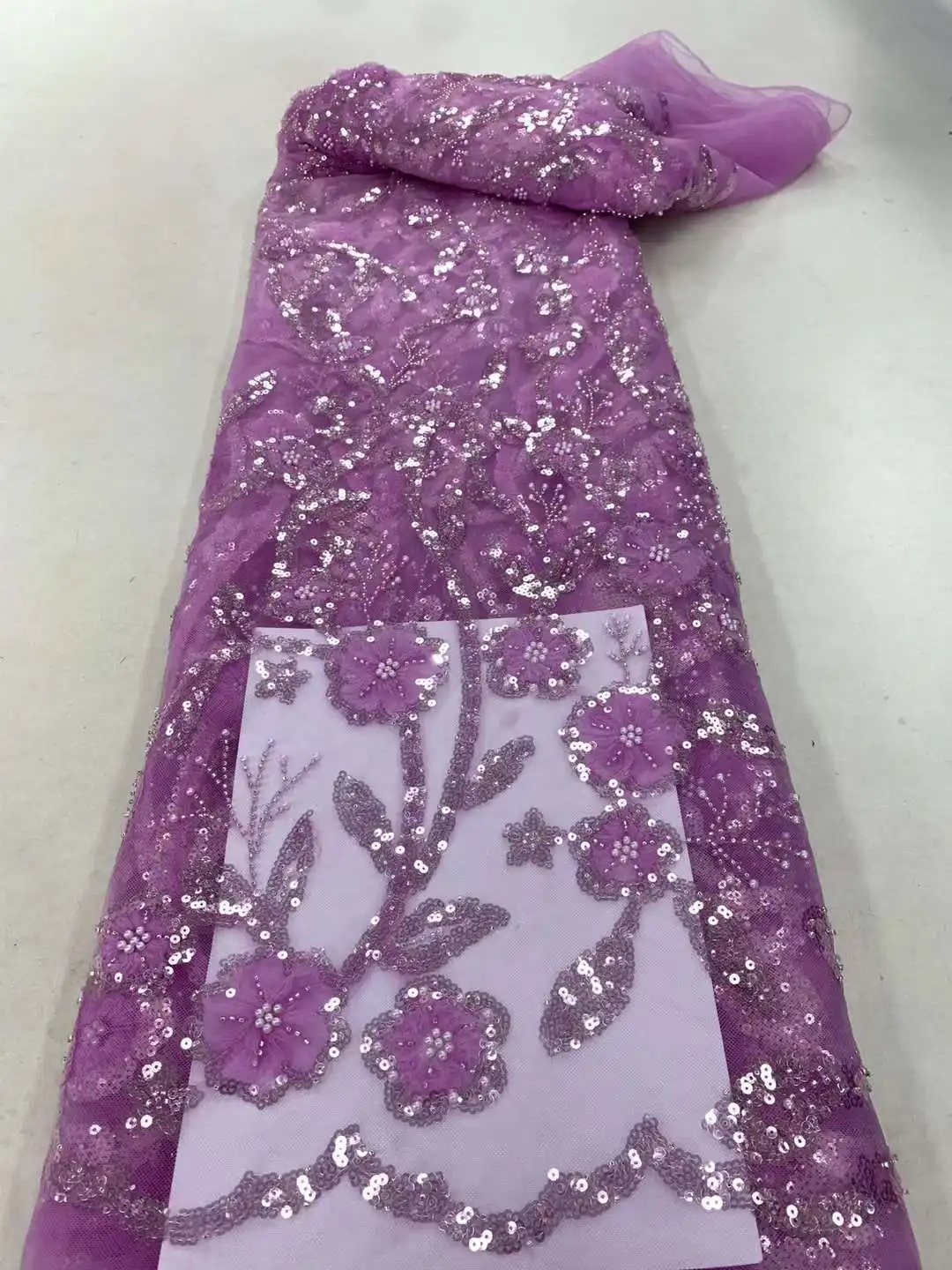 Light Purple Heavy Lace Fabric Tube Beaded Material French Nigerian Shinny Sequins 24-62204 Embroidered Lady Show or Party Dress