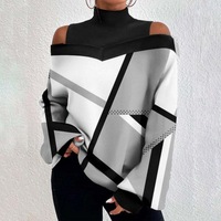 Spring Autumn Fashion Print Off Shoulder Top Women Casual Round Neck Off Shoulder Long Sleeve Loose Pullover Tshirt Women