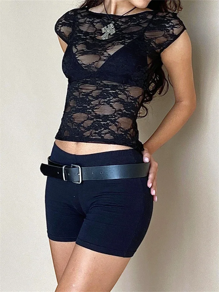 المرأة شير الدانتيل تي شيرت قصيرة الأكمام الجولة الرقبة سليم صالح المحملة القمم الصيف نادي الشاطئ مثير انظر من خلال القمصان التستر