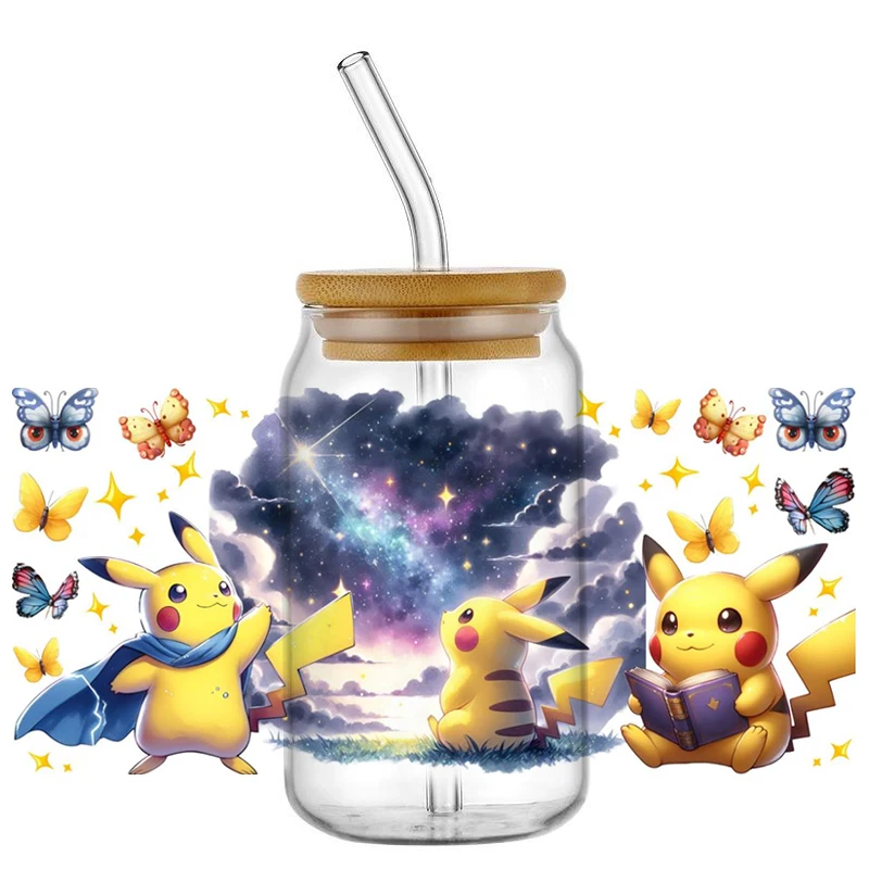 Miniso śliczne Pikachu naklejka zmywalna UV DTF folia na kubek do 16oz Libbey okulary Pokemon DIY kubek z motywem kreskówkowym naklejka transferowa