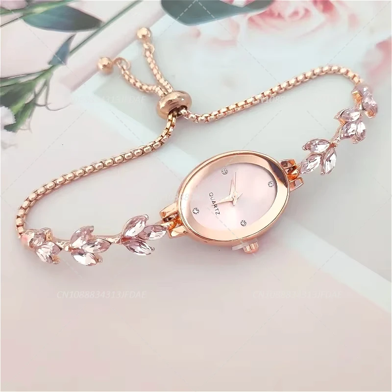 Elegant Women's Rhinestone Inlaid Clover Watch Oval Quartz Fashion Wristwatch Bracelet Clocks Reloj Mujer