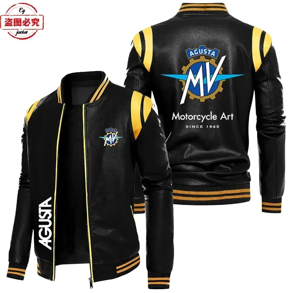 Eu size MV Agusta motorcycle logo retro washed pu contrasting color leather jacket windproof men's autumn and winter velvet