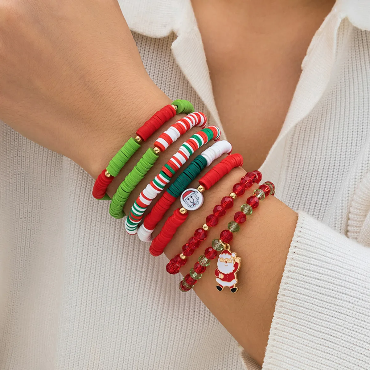 KunJoe 7 Teile/satz Rote Kristall Perlen Kette Armband Frauen Exquisite Santa Claus Anhänger Elastizität Armbänder 2026 Weihnachten Schmuck